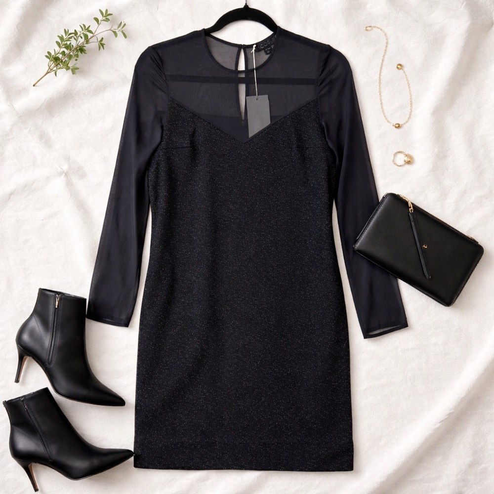 COS Black Sheer Panel Wool Blend Dress EU 32 Minimalist Long Sleeve Scandi Girl